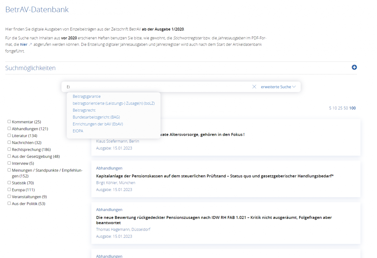 Online-Datenbank für BetrAV-Artikel freigeschaltet